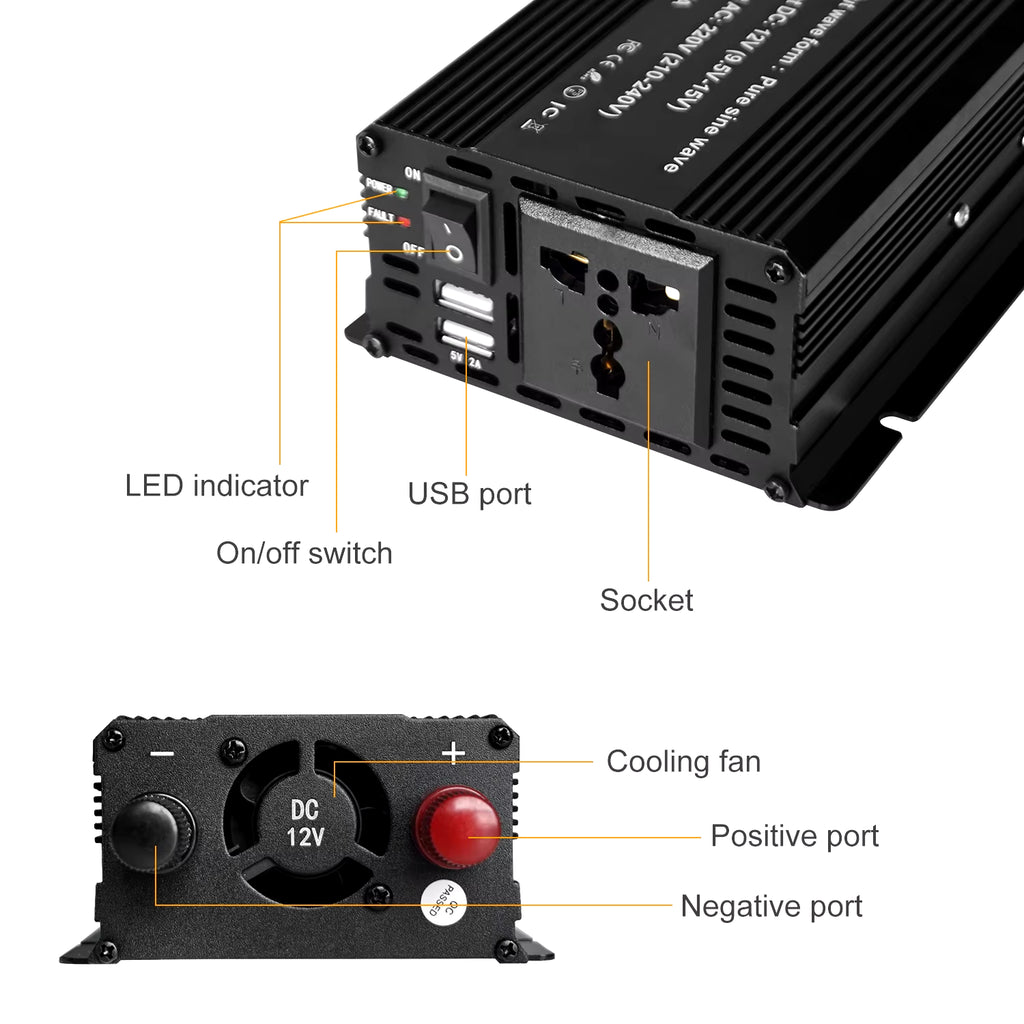 Pure Sine Wave 1000W 1500W 2200W 2600W DC 12V to AC 220V Car Power Inverter Adapter Converter with 3.1A Dual USB Eu/Universal